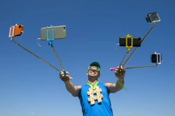 Hashtag Gold Medal Athlete Taking Selfies with Selfie Sticks — 图库照片