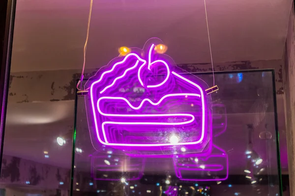 Neon Café Skylt Tårta Lila Skylt Parti Natt Symbol Showcase — Stockfoto