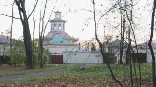 Chinese Pagode Een Park Bij Zonsondergang Chinees Dorp Oriëntatiepunt Natuur — Stockvideo