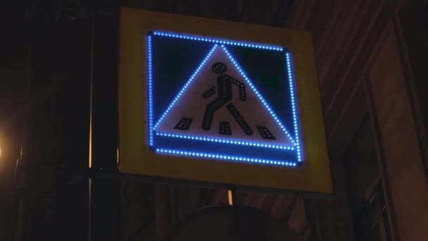 Pedestrian Crossing Sign Glowing Dark City Street Night — Stock Video