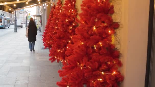 Kafe Caddesi Noel Ağacı Süslemeleri Bina Duvarında — Stok video