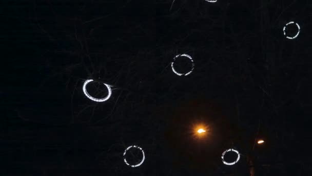 Yılbaşı gecesi sihirli ağaçlarda parıldayan aydınlatma süsleri — Stok video