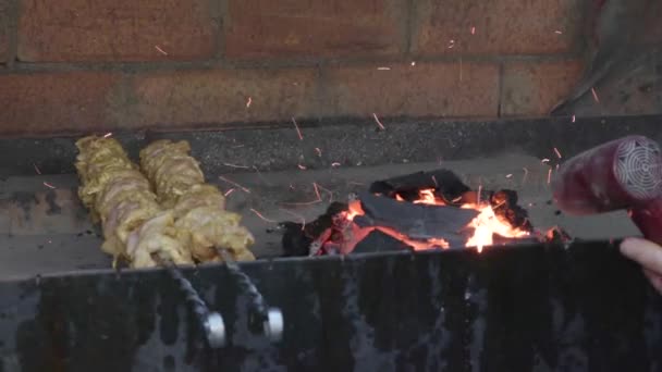 Flammande Kol Ugnen Grill Fläkt Restaurangen Spett Kött — Stockvideo