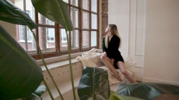Belle Fille Sexy Mode Assoit Près Fenêtre Rêve Amour — Video