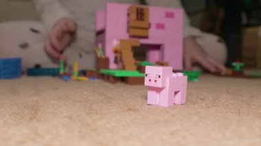 Lego minecraft set Creeper Alex Pig . Parent and children playing fun