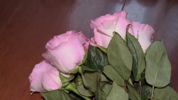 Bukiet Piękny Różowy Róż Pasek Bowknot Prezent Kobieta Dziewczyna — Wideo stockowe
