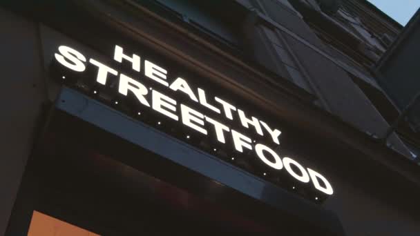 Πινακίδα Banner Καφέ Υγιεινά Streetfood Τρώει Φρέσκο Δείπνο Ασφάλεια — Αρχείο Βίντεο