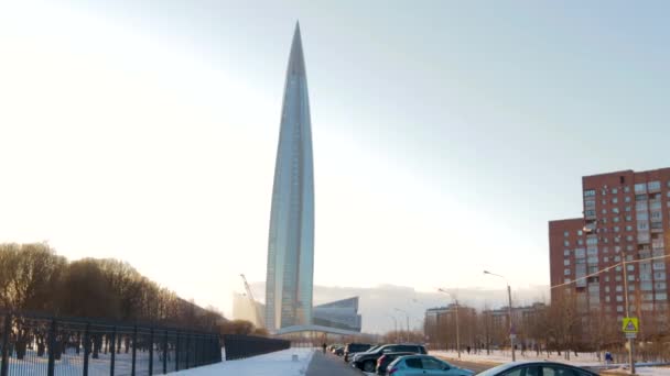 Skyscraper Hightech Architectuur Ontwerp Van Toekomst Business Europa Lahta Centrum — Stockvideo