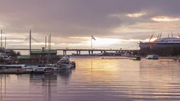 Yacht Parking Stadium Arena Petersburg Flagpole Dynamic Movement Clouds Sunset — Stock Video