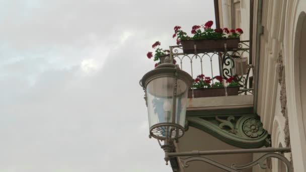 Balcony with flowers classical architecture lantern — стоковое видео