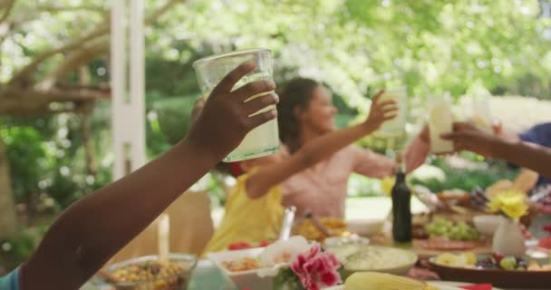 Familia Afroamericana Multigeneracional Pasando Tiempo Jardín Juntos Sentados Una Mesa — Vídeo de stock