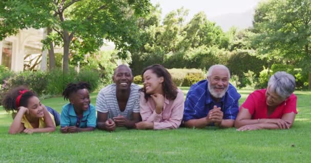 多代非洲裔美国人的画像 他们一起躺在花园里 躺在草地上 看着相机 微笑着 动作缓慢 — 图库视频影像