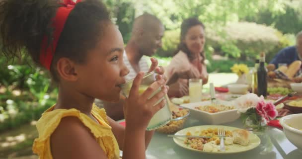 Afroamerikanerin Verbringt Zeit Garten Sitzt Mit Ihrer Familie Esstisch Trinkt — Stockvideo