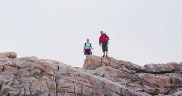 등산객 부부는 배낭을 등산을 하면서 벌리고 등산을 하이킹 — 비디오