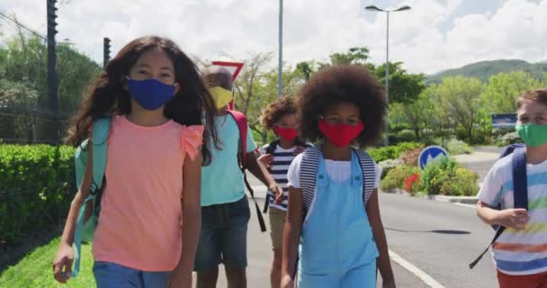 Gruppo Multietnico Bambini Scolastici Che Indossano Maschere Facciali Camminando Una — Video Stock