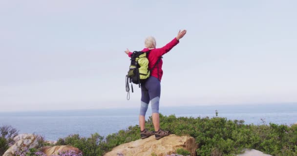 山の中をトレッキングしながら岩の上に腕を広げて立っている上級ハイカーの女性の後部ビュー トレッキング ハイキング アクティビティ 冒険の概念 — ストック動画