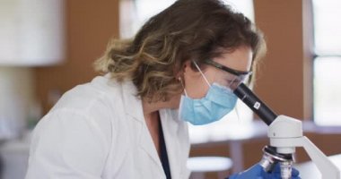 Kafkas kadın öğretmen okulda yüz maskesi takıyor, mikroskoba bakıyor. Eğitim, Covid19 Coronavirus salgını sırasında sağlık güvenliğine geri döndü.