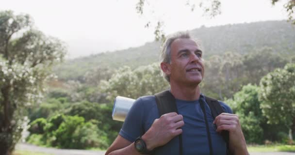 Senior Hiking Man Bag Pack Standing Looking Woods While Hiking — Stock Video