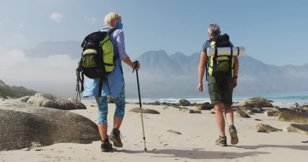 Rückansicht Eines Älteren Wandererehepaares Mit Mundschutz Rucksack Und Wanderstöcken Beim — Stockvideo