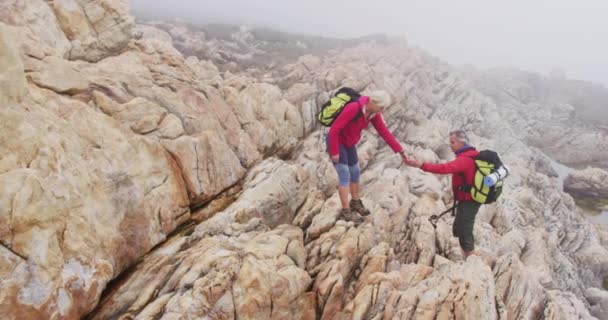 Couple Randonneurs Seniors Avec Sacs Dos Bâtons Trekking Tenant Main — Video