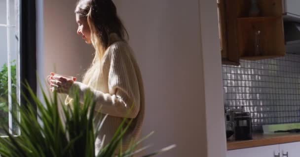 여성은 집에서 햇빛을 받으며 천천히 움직이는 커피를 있었습니다 부아르 코로나 — 비디오