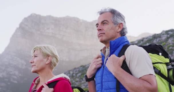 Sırt Çantalı Yaşlı Çift Dağlardaki Çim Tarlalarında Dikilirken Yürüyüş Yürüyüş — Stok video
