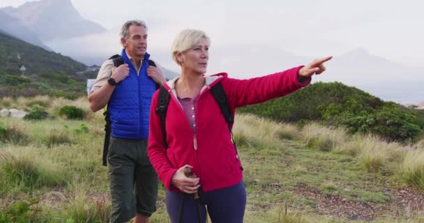 Sırt Çantalı Yaşlı Çift Dağdaki Çim Tarlasında Dikilirken Bir Yöne — Stok video