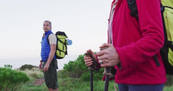 Idősebb Túrázó Pár Hátizsákkal Turistapóznákkal Akik Egymást Bámulják Füves Mezőn — Stock videók