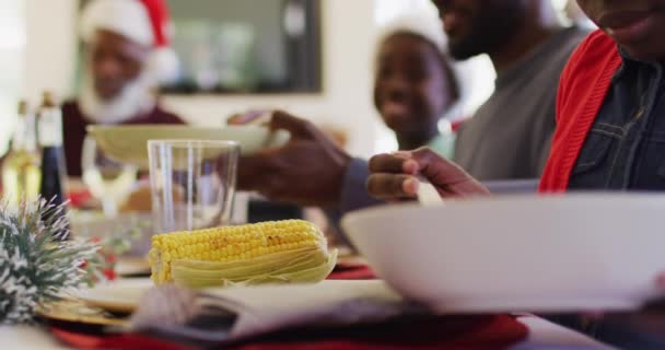 Afroamerykanka Serwująca Jedzenie Talerzu Siedząca Stole Jedząca Razem Lunch Domu — Wideo stockowe