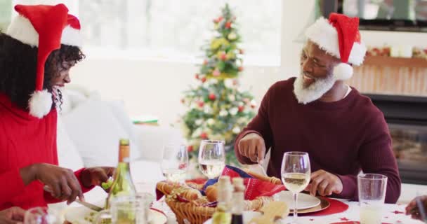 Eine Afroamerikanische Familie Mit Weihnachtsmannhüten Plaudert Und Lächelt Während Sie — Stockvideo