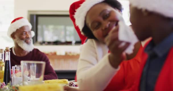 Die Afroamerikanische Großmutter Wischt Ihrer Enkelin Das Gesicht Mit Taschentuch — Stockvideo