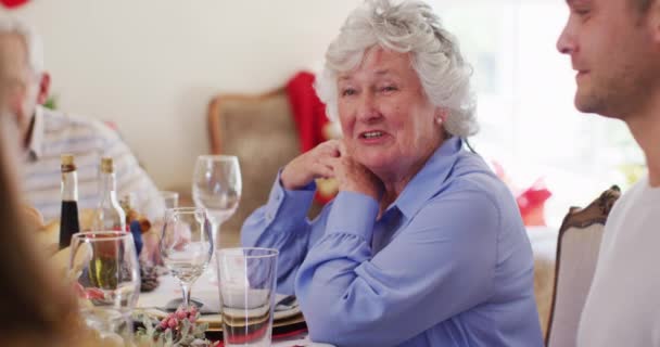 Caucasian Senior Woman Talking While Sitting Dining Table Enjoying Lunch — Stock Video