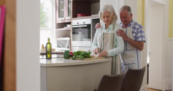 Happy Senior Caucasian Couple Home Kitchen Wearing Aprons Woman Chopping — 비디오