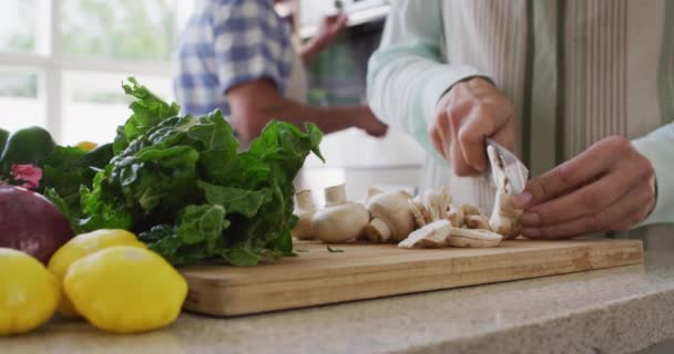 Sección Media Mujer Mayor Caucásica Casa Cocina Con Delantal Cortar — Vídeos de Stock