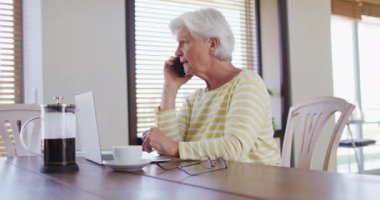 Dizüstü bilgisayarı olan son sınıf beyaz kadın evde akıllı telefondan konuşuyor.
