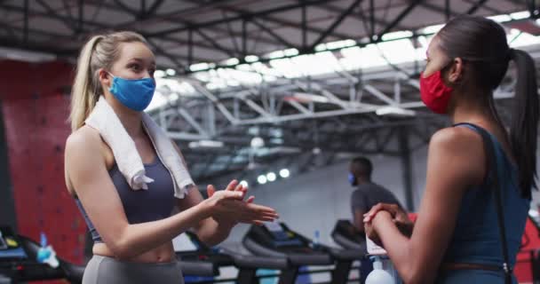 Yüz Maskesi Takan Birbiriyle Konuşan Spor Salonunda Ellerini Sterilize Eden — Stok video