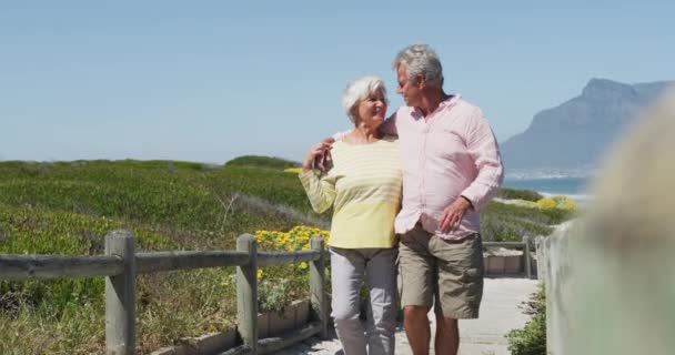 ビーチにつながる道を歩いてお互いの周りに腕を持つ幸せな高齢者の白人カップル — ストック動画