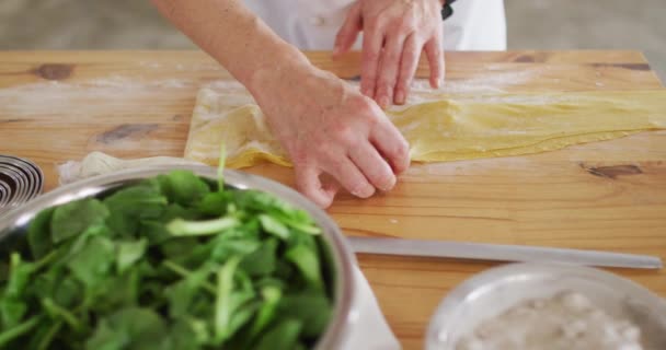 Kaukasische Vrouwelijke Chef Kok Onderwijzen Diverse Groep Bereiden Gerechten Glimlachen — Stockvideo