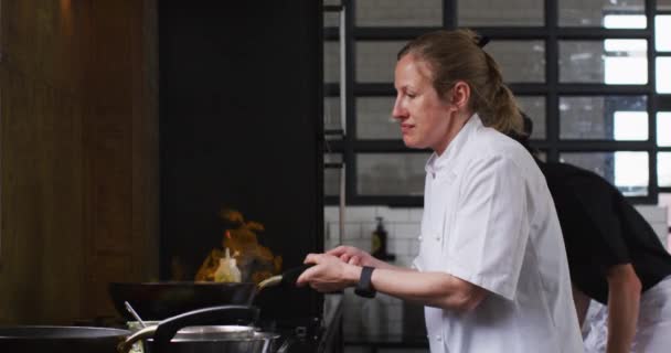 Vit Kvinnlig Kock Som Undervisar Olika Grupper Som Lagar Mat — Stockvideo