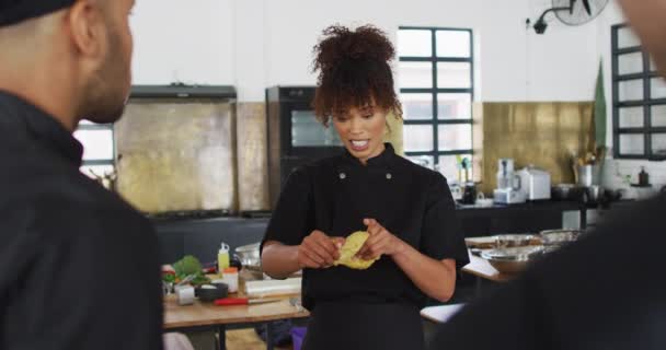 Diverso Grupo Chefs Que Trabajan Una Cocina Preparar Platos Sonreír — Vídeos de Stock