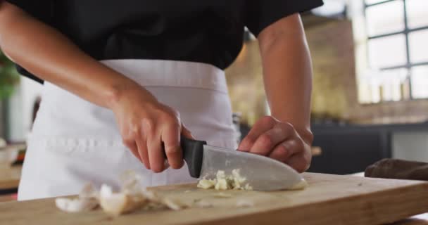 Raça Mista Chef Feminino Corte Legumes Preparando Pratos Sorrindo Trabalho — Vídeo de Stock