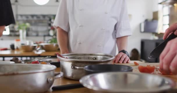 Chef Féminine Caucasienne Enseignant Groupe Diversifié Préparer Des Plats Sourire — Video