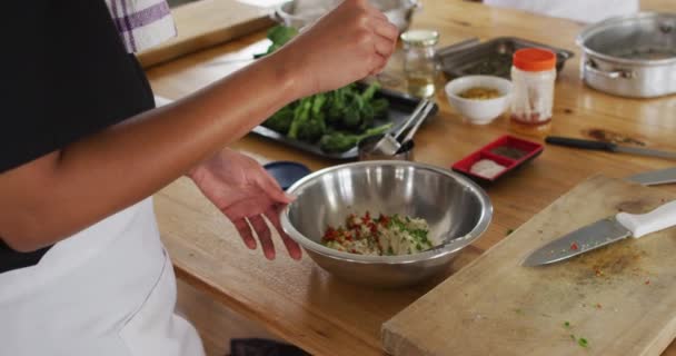 各色人等的厨师们准备着菜肴 微笑着 把盐倒入碗里 在专业厨房工作 — 图库视频影像