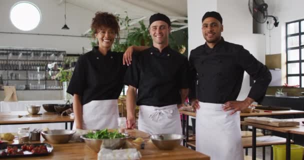 Diverse Group Chefs Looking Camera Smiling Work Professional Kitchen — Stock Video