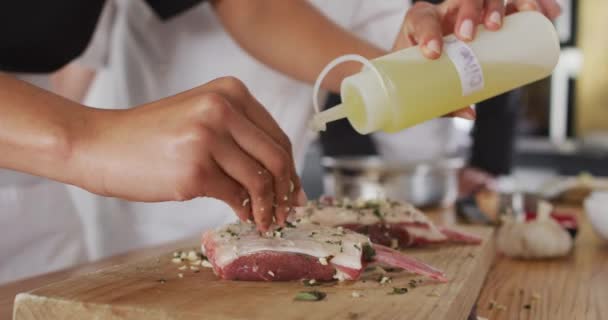 Rozmanitá Skupina Kuchařů Připravuje Jídla Usmívá Zdraví Hygiena Profesionální Kuchyni — Stock video