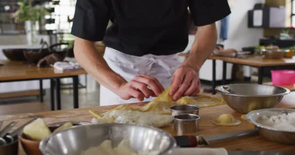 Divers Groupes Chefs Préparant Des Plats Souriant Dans Une Cuisine — Video