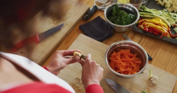 Misturado Raça Fêmea Chef Pealing Batatas Saúde Higiene Uma Cozinha — Vídeo de Stock
