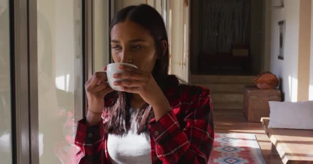 Smíšené rasy žena pije šálek kávy — Stock video
