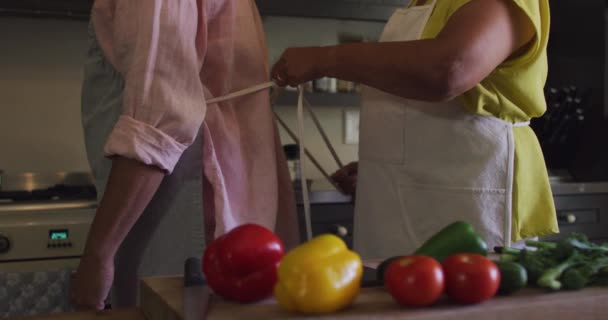 Pasangan ras campuran senior mengenakan celemek di dapur, bagian tengah — Stok Video