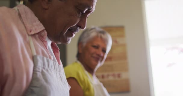 Щаслива старша змішана пара гонок у фартухах, які готують їжу та посміхаються — стокове відео